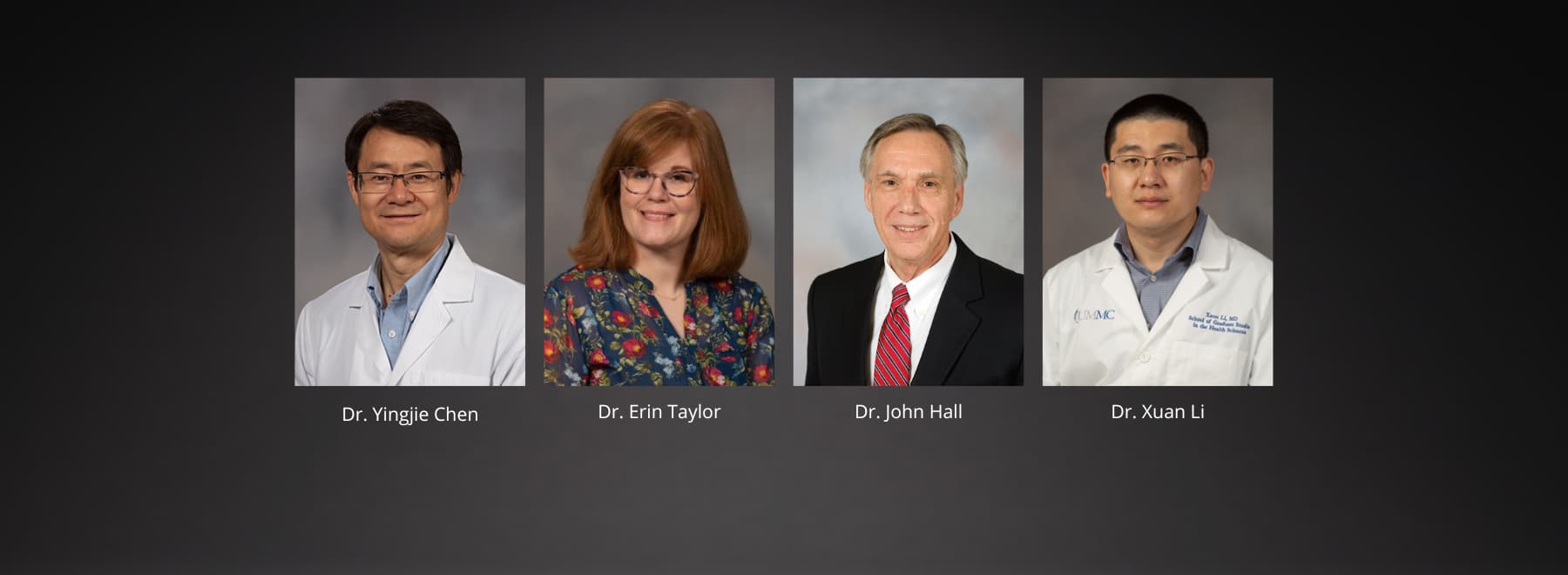 Grants and Awards, with images of Dr. Yingjie Chen, Dr. Erin Taylor, Dr. John Hall, and Dr. Xuan Li.
